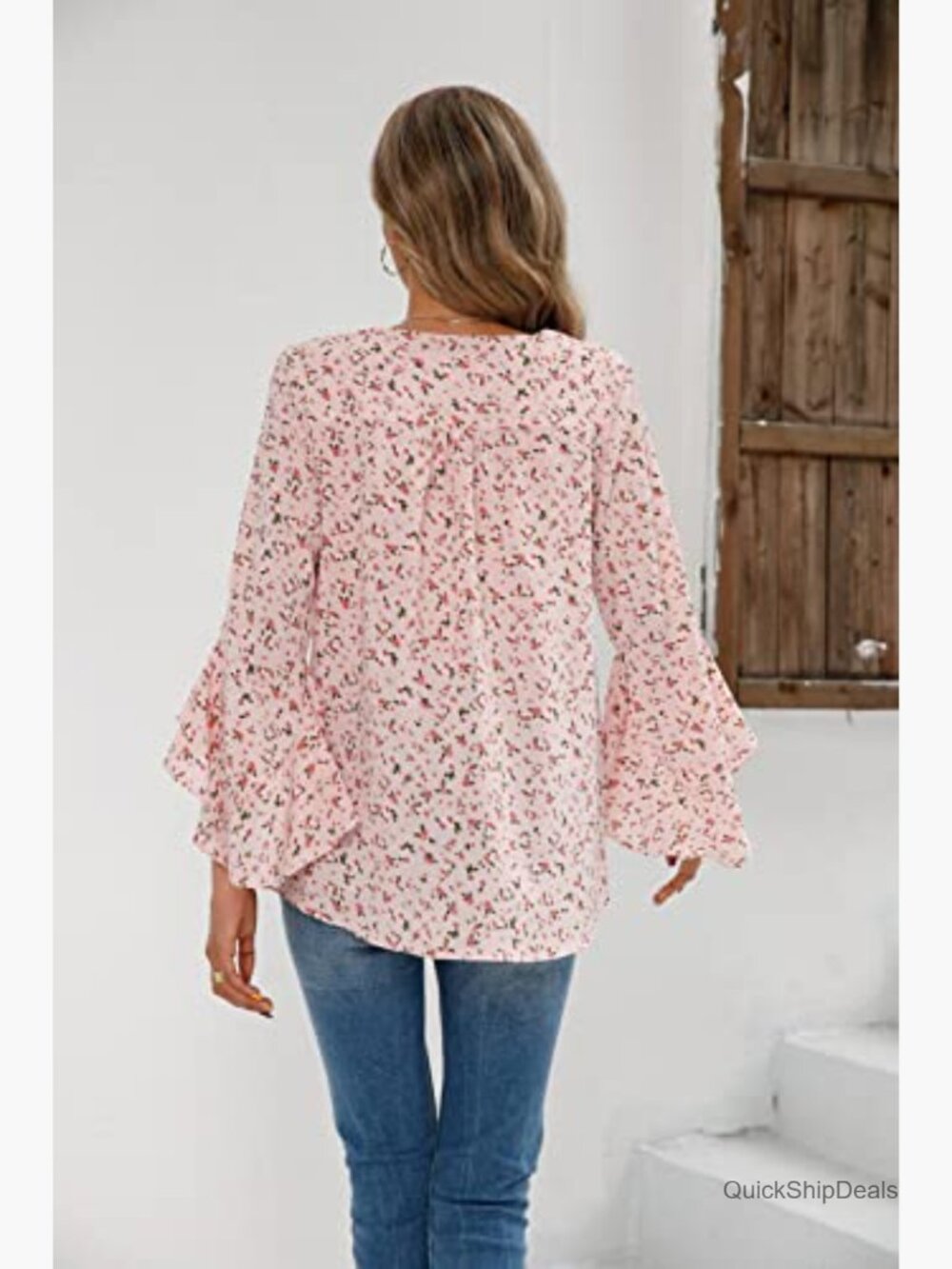 Floral V-Neck Bell Sleeve Blouse Dressy Casual T-Shirt - Picture 2 of 7